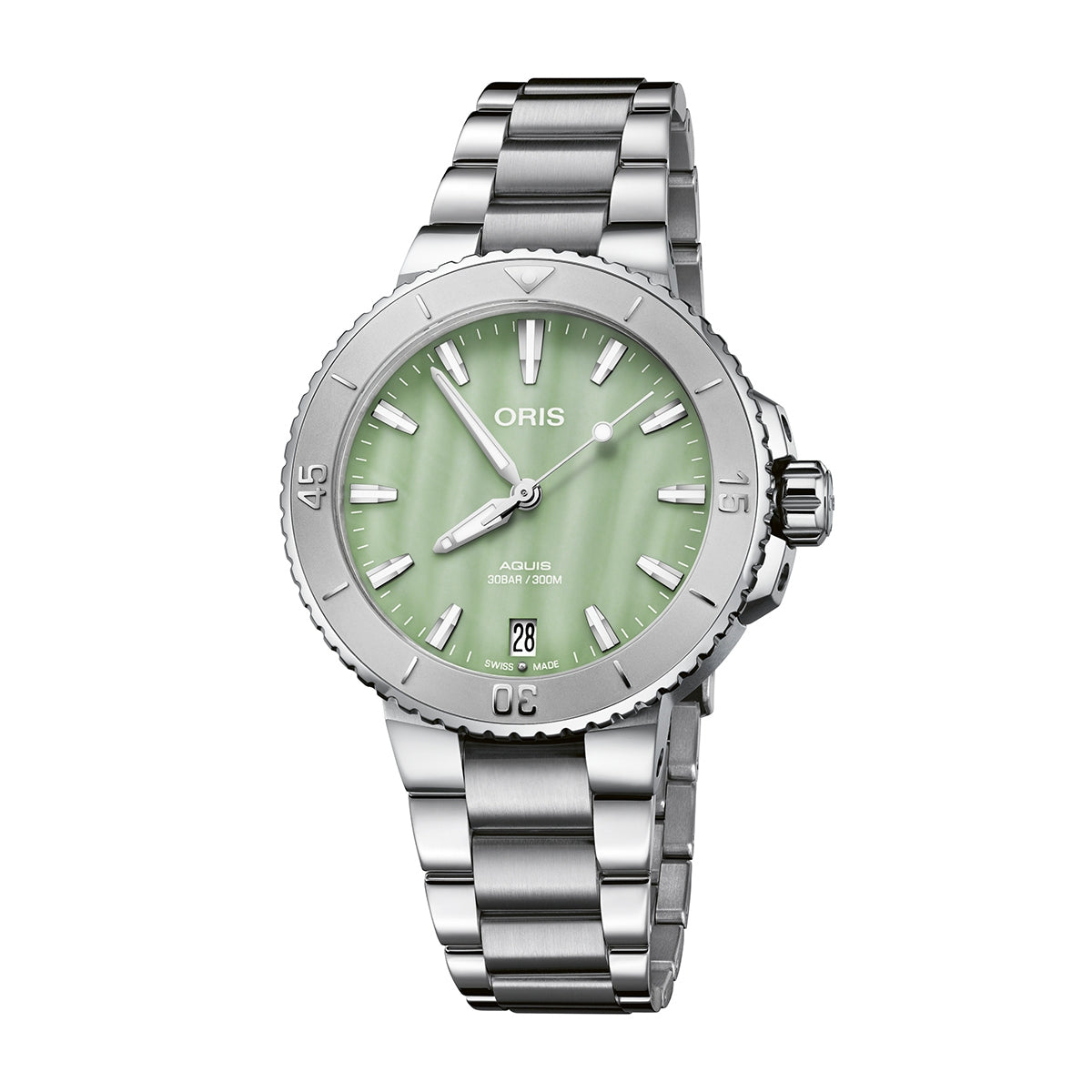 Oris Aquis Date Automatic Stainless Steel Watch with Green Mother of Pearl Dial
