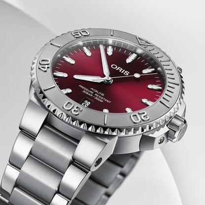 Oris Men's Aquis Date Automatic Stainless Steel Watch with Red Dial front view