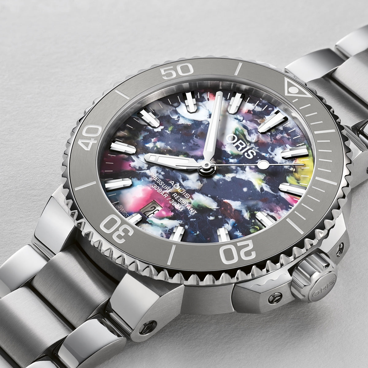 Oris Aquis Date Upcycle Automatic Stainless Steel Watch with 41.5mm Case & Multicolor Dial front view