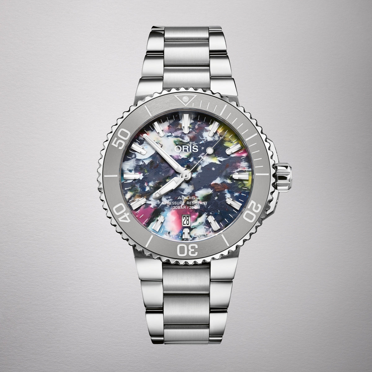 Oris Aquis Date Upcycle Automatic Stainless Steel Watch with 41.5mm Case & Multicolor Dial close-up detail