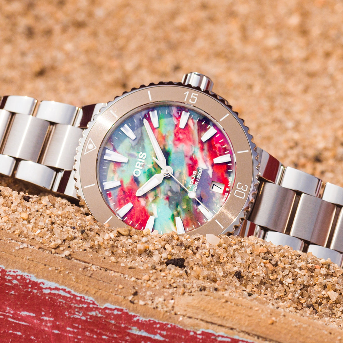 Oris Aquis Date Upcycle Automatic Stainless Steel Watch with 36.5mm Case & Multicolor Dial front view