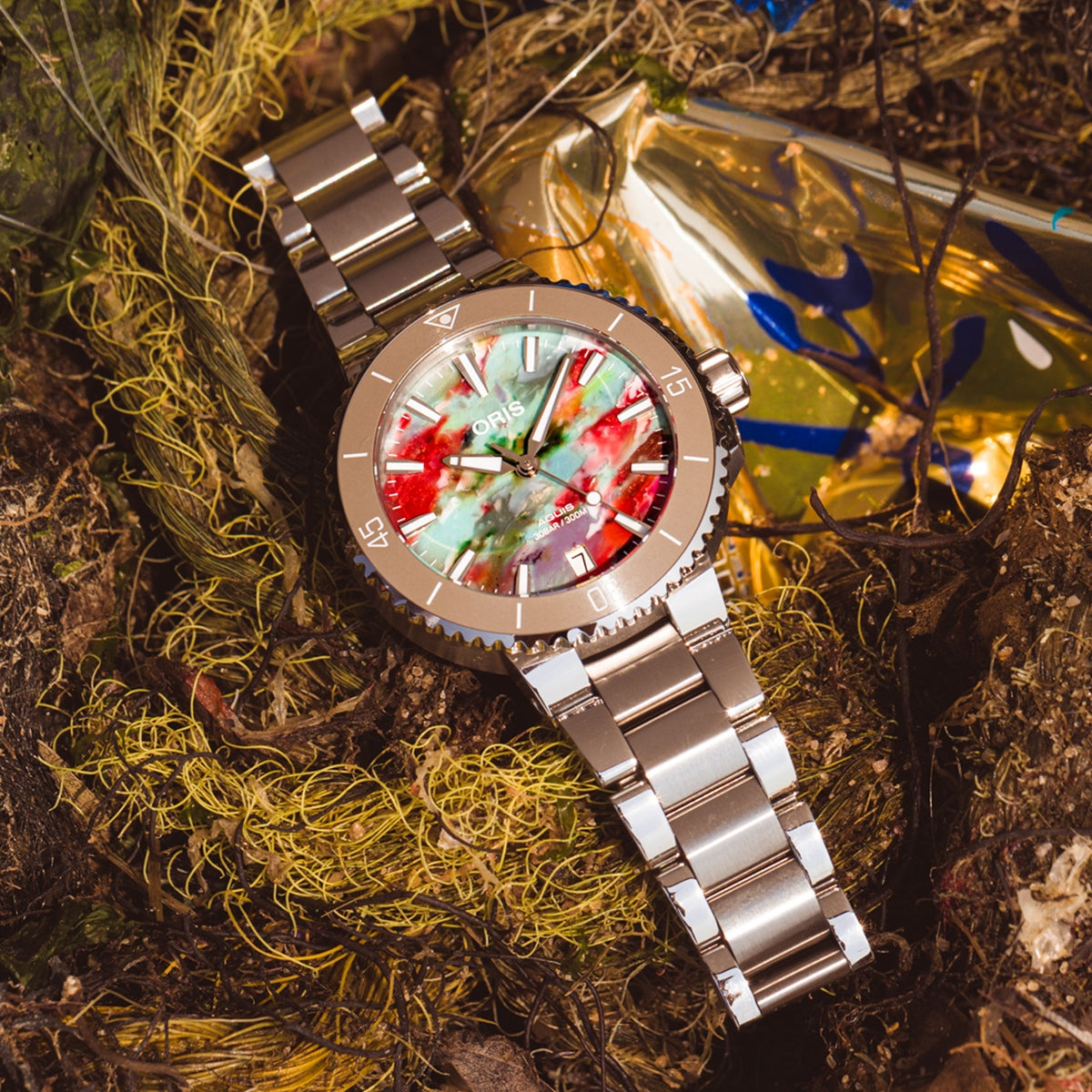 Oris Aquis Date Upcycle Automatic Stainless Steel Watch with 36.5mm Case & Multicolor Dial close-up detail
