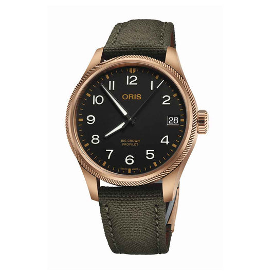 Oris Men's Propilot Automatic Bronze Tone Stainless Steel Watch with Black Dial & Green Nylon Strap