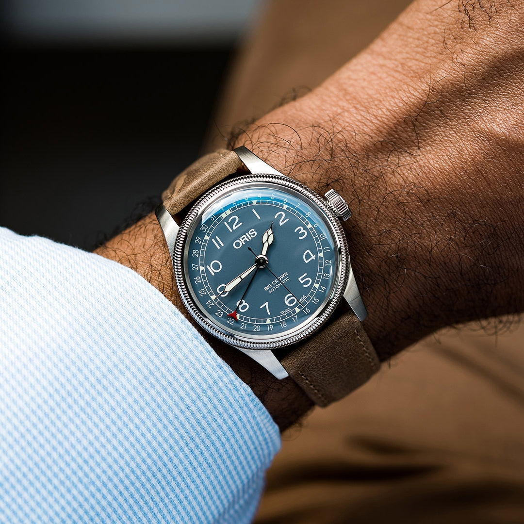 Oris Men's Big Crown Pointer Date Automatic Stainless Steel Watch with Blue Dial & Leather Strap front view