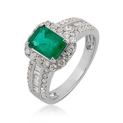 Emerald Cut Emerald & 9/10 ct. tw. Multirow Diamond Ring with Halo in 18K White Gold front view