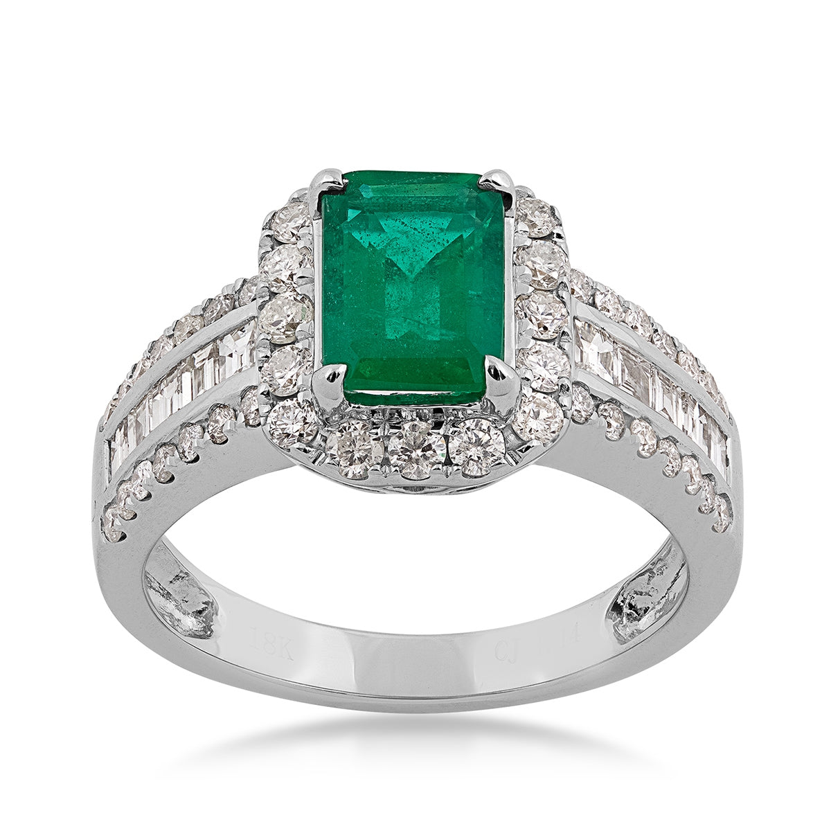 Emerald Cut Emerald & 9/10 ct. tw. Multirow Diamond Ring with Halo in 18K White Gold