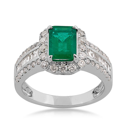 Emerald Cut Emerald & 9/10 ct. tw. Multirow Diamond Ring with Halo in 18K White Gold