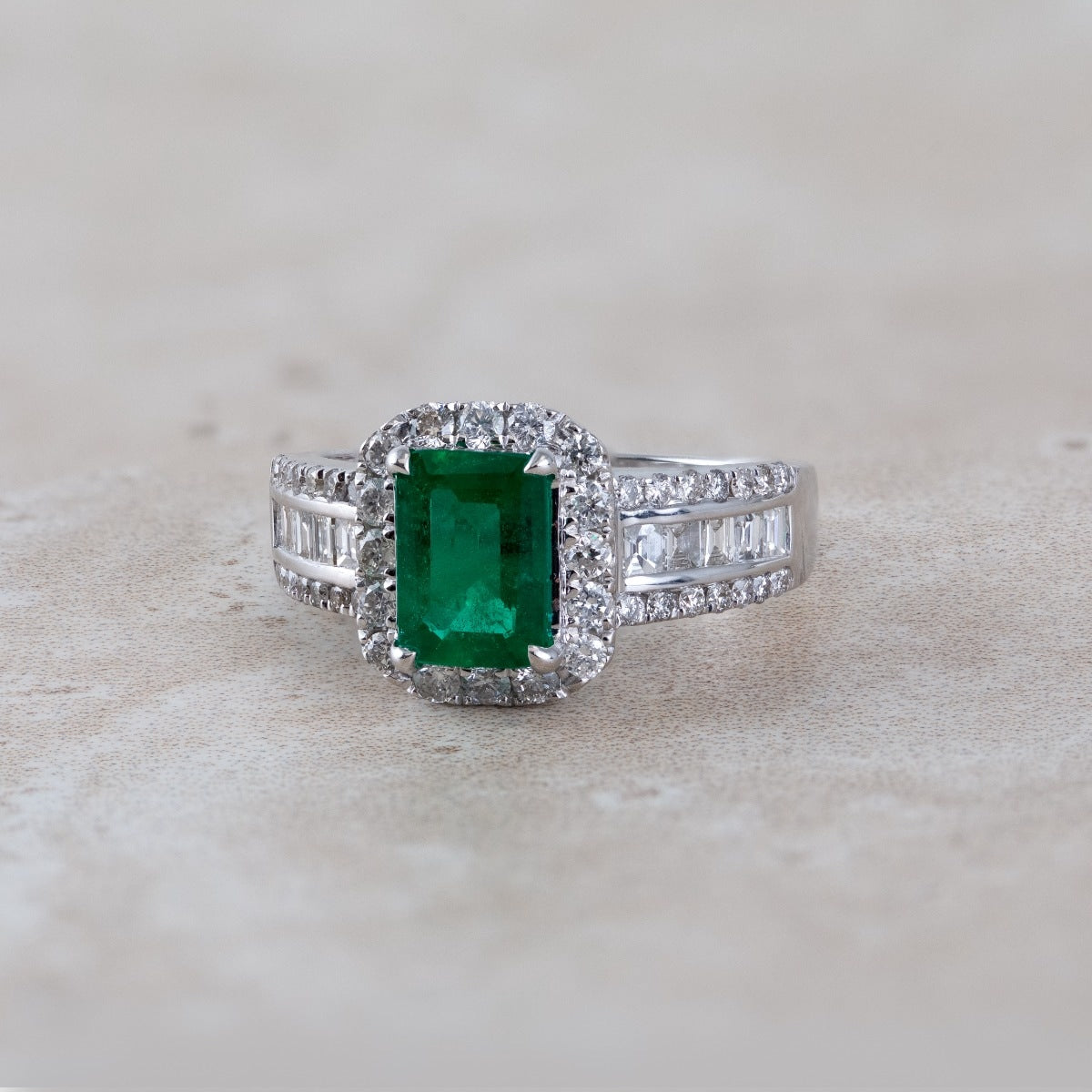 Emerald Cut Emerald & 9/10 ct. tw. Multirow Diamond Ring with Halo in 18K White Gold close-up detail