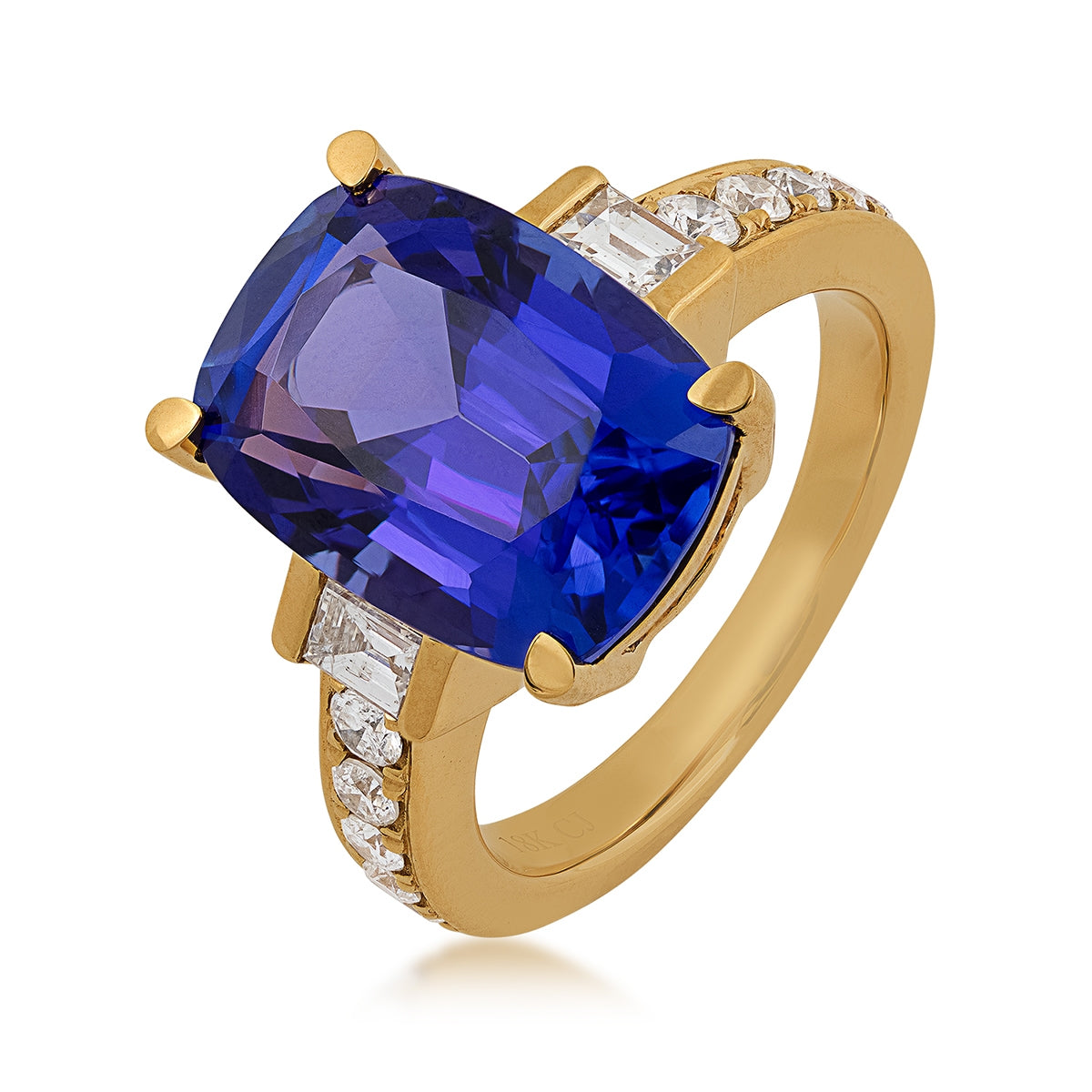 Cushion Tanzanite & 5/8 ct. tw. Baguette & Round Diamond Ring in 18K Yellow Gold front view