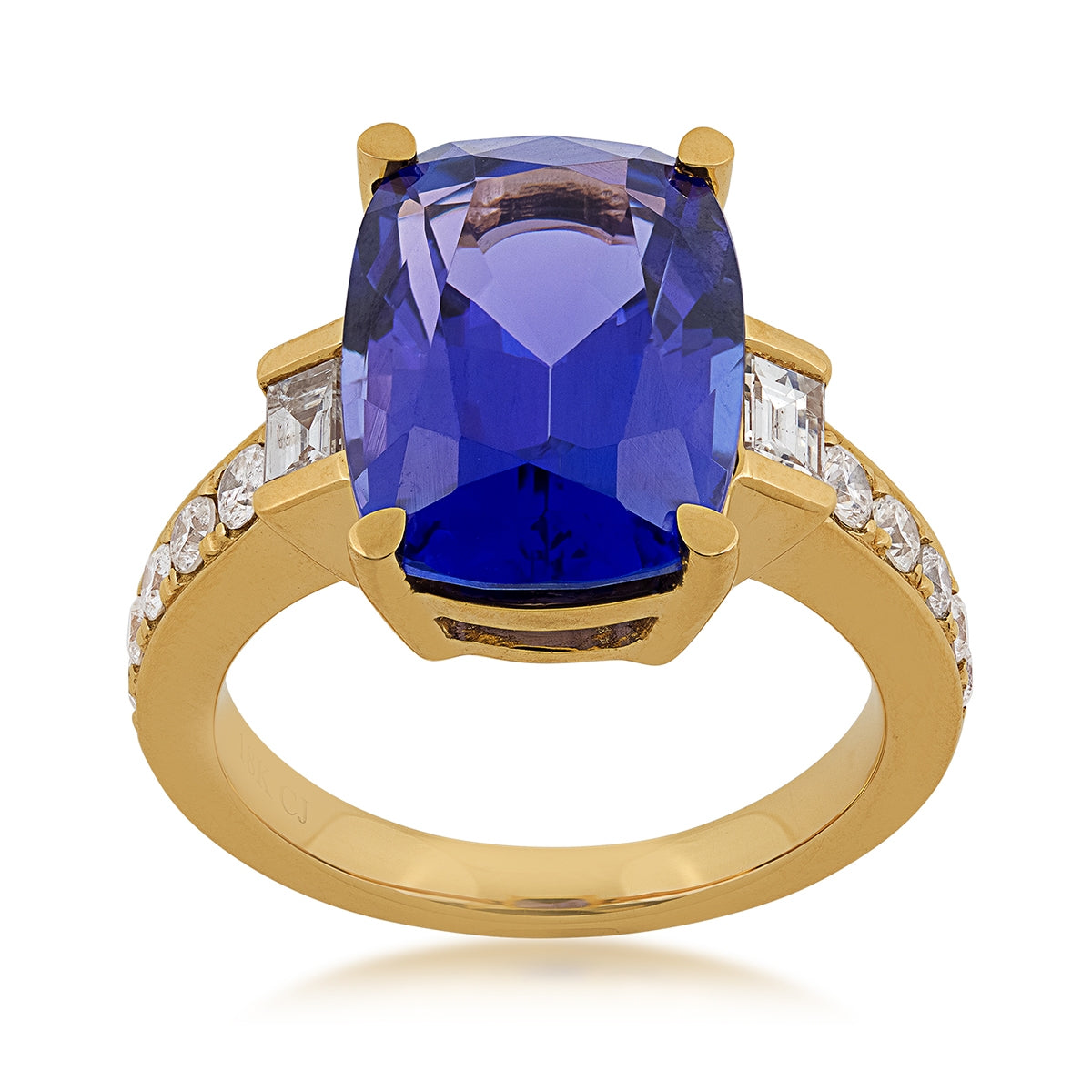 Cushion Tanzanite & 5/8 ct. tw. Baguette & Round Diamond Ring in 18K Yellow Gold