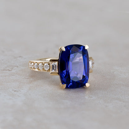 Cushion Tanzanite & 5/8 ct. tw. Baguette & Round Diamond Ring in 18K Yellow Gold close-up detail