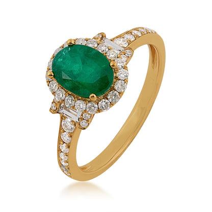 Oval Emerald & 1/2 ct. tw. Round & Baguette Diamond Halo Ring in 18K Yellow Gold front view
