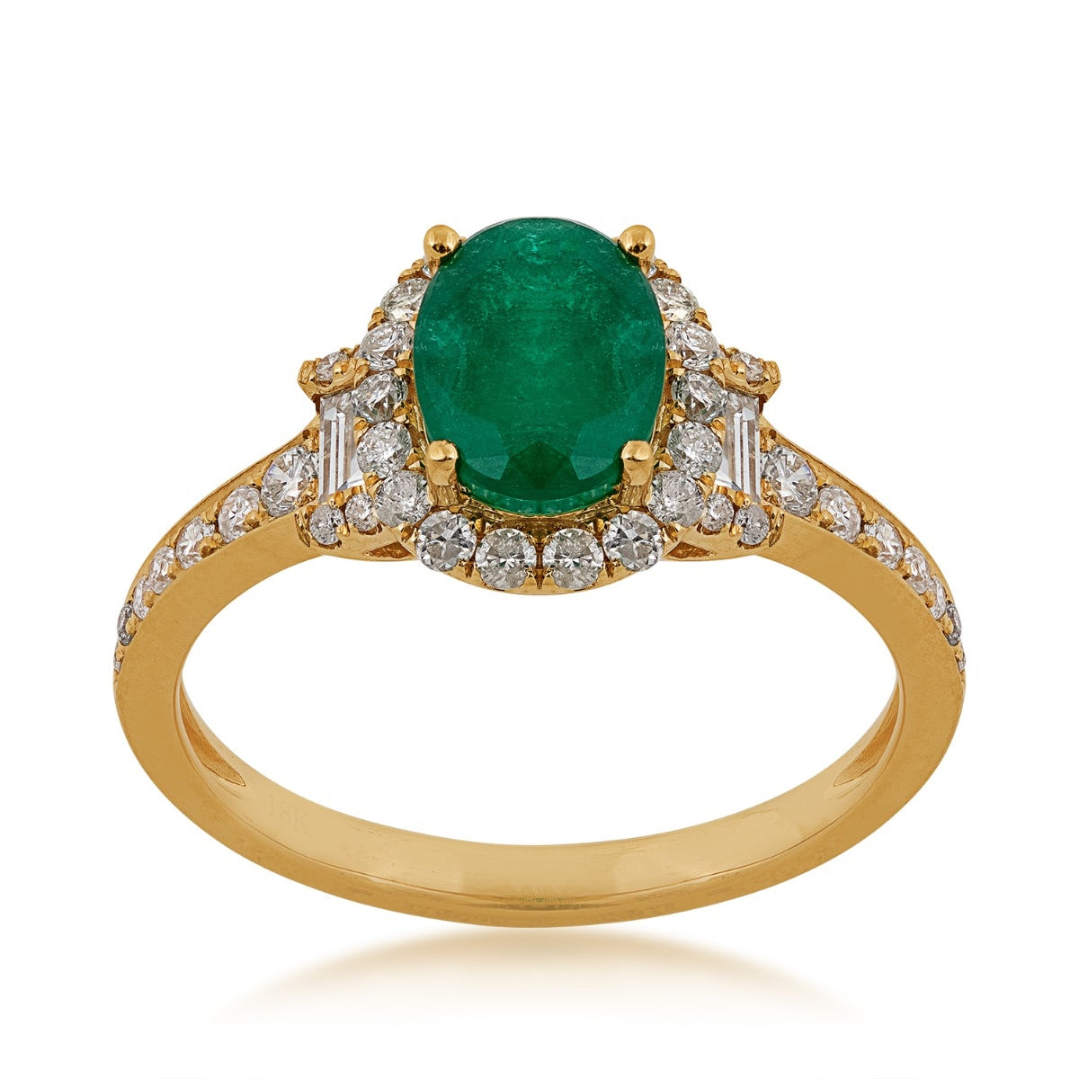 Oval Emerald & 1/2 ct. tw. Round & Baguette Diamond Halo Ring in 18K Yellow Gold