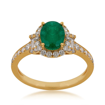 Oval Emerald & 1/2 ct. tw. Round & Baguette Diamond Halo Ring in 18K Yellow Gold