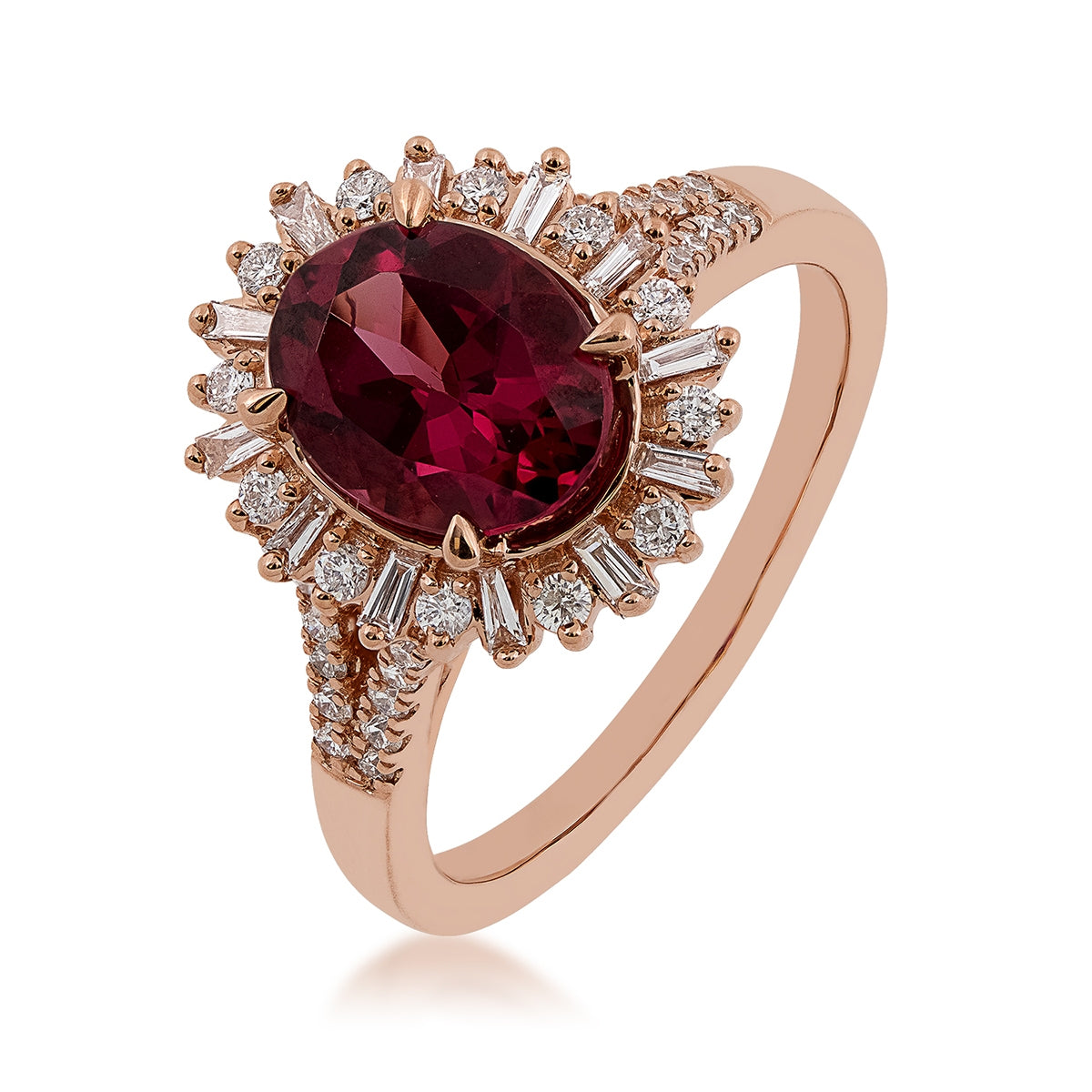 Oval Rhodolite Garnet & 3/8 ct. tw. Baguette & Round Diamond Starburst Halo Ring in 14K Pink Gold front view