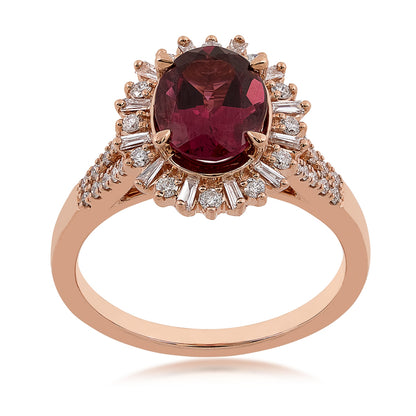 Oval Rhodolite Garnet & 3/8 ct. tw. Baguette & Round Diamond Starburst Halo Ring in 14K Pink Gold