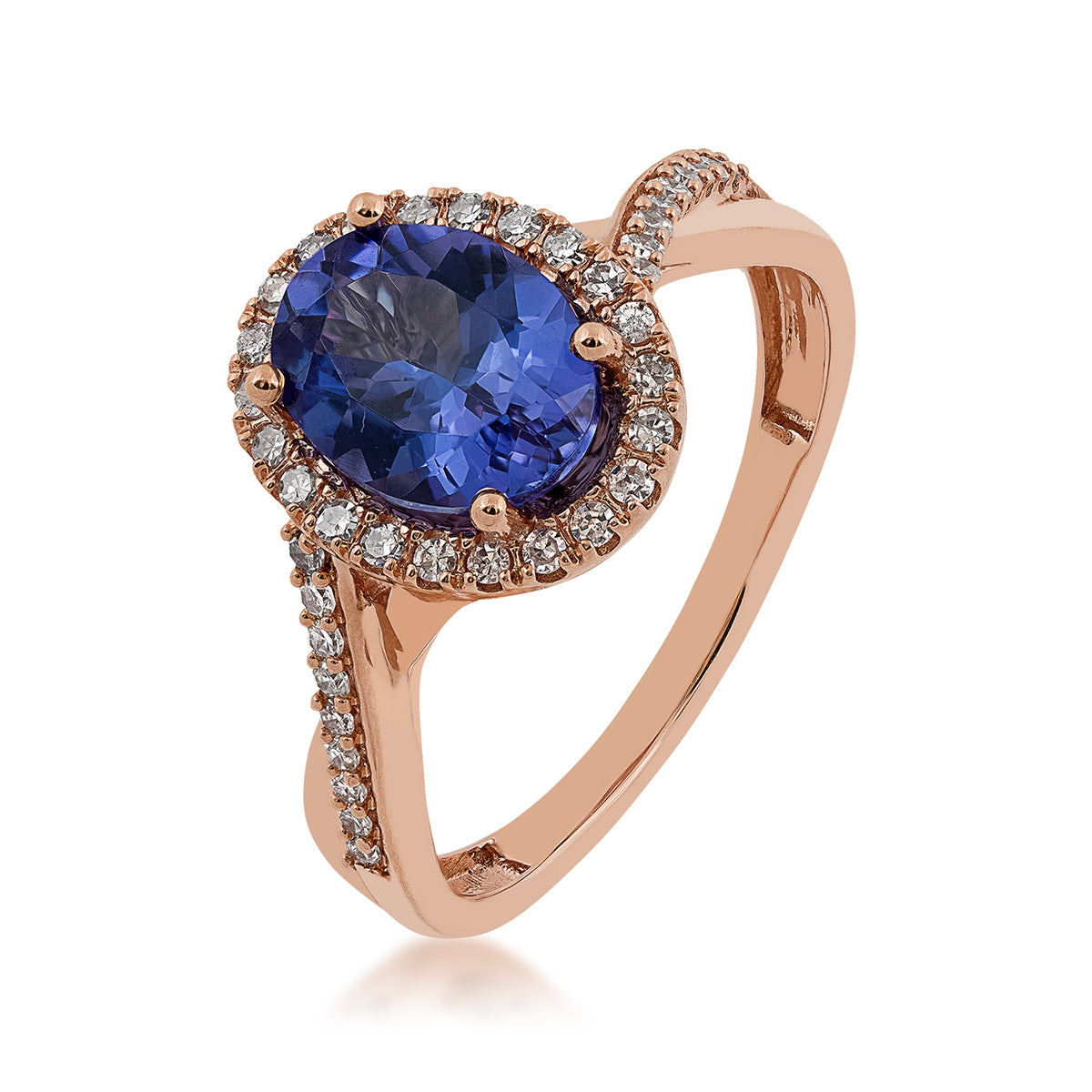 Oval Tanzanite & 1/4 ct. tw. Diamond Halo Twist Ring in 14K Pink Gold front view