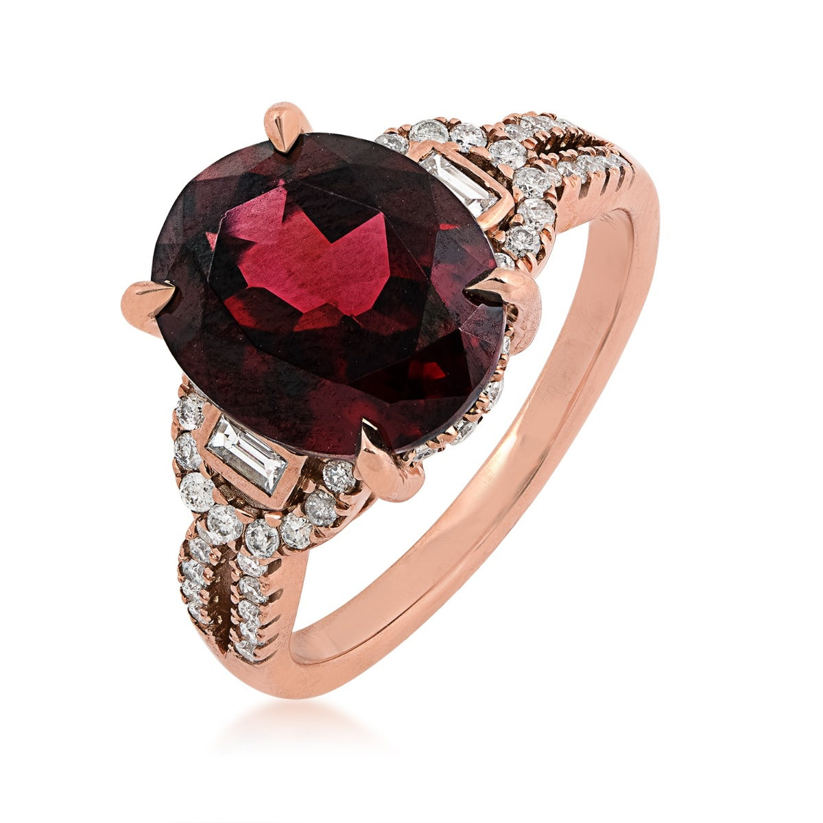 Oval Rhodolite Garnet & 3/8 ct. tw. Round & Baguette Diamond Split Shank Ring in 14K Pink Gold front view