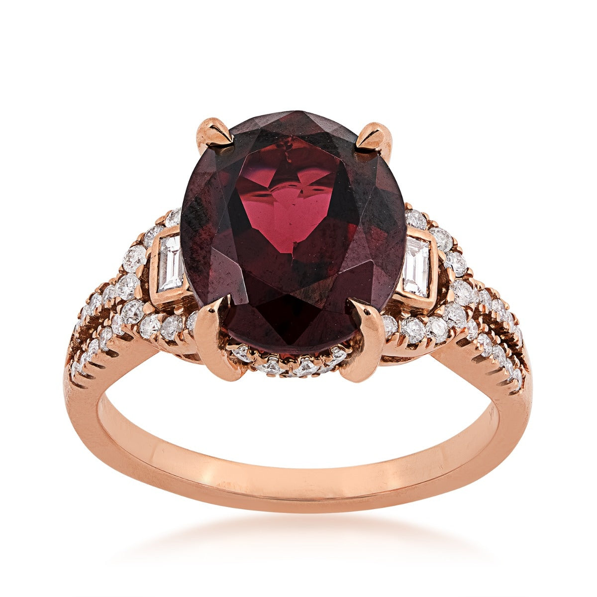 Oval Rhodolite Garnet & 3/8 ct. tw. Round & Baguette Diamond Split Shank Ring in 14K Pink Gold