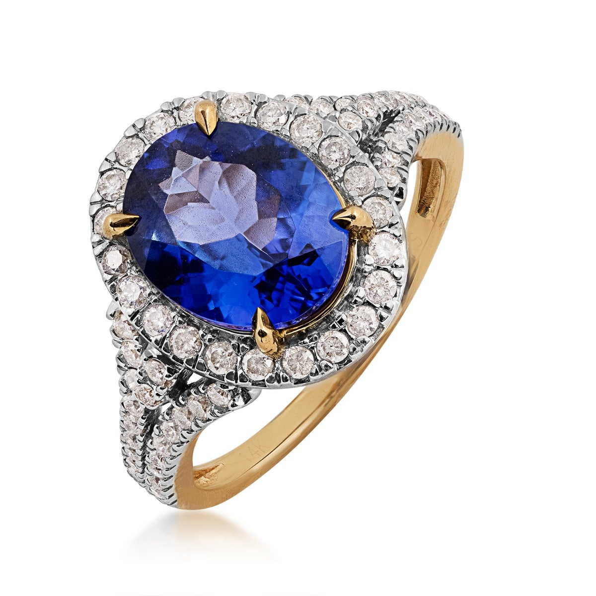 Oval Tanzanite & 1/2 ct. tw. Diamond Halo Ring in 14K Yellow Gold front view