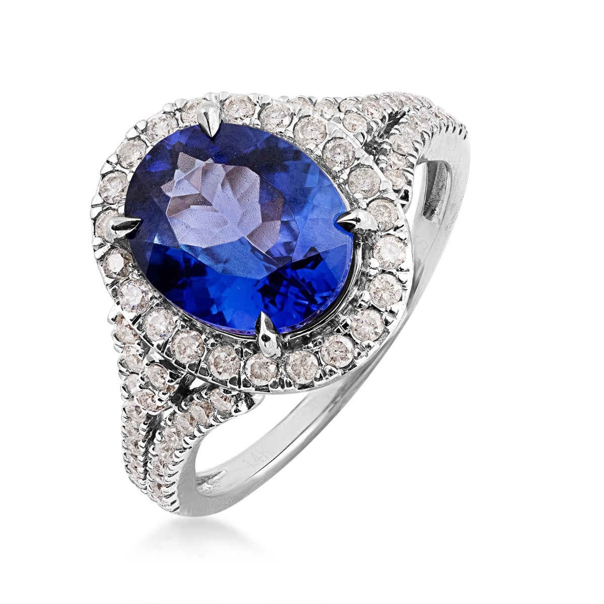 Oval Tanzanite & 1/2 ct. tw. Diamond Halo Ring in 14K White Gold front view
