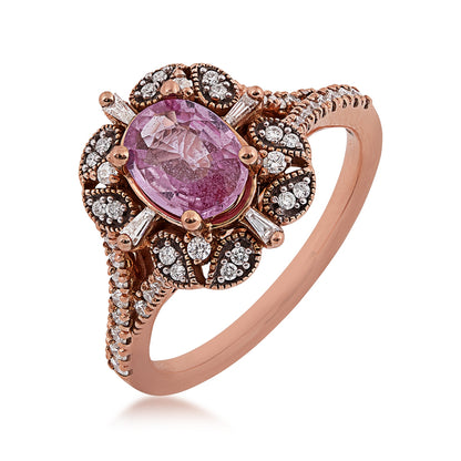Oval Pink Sapphire & 3/8 ct. tw. Diamond Milgrain Split Shank Ring in 14K Pink Gold front view