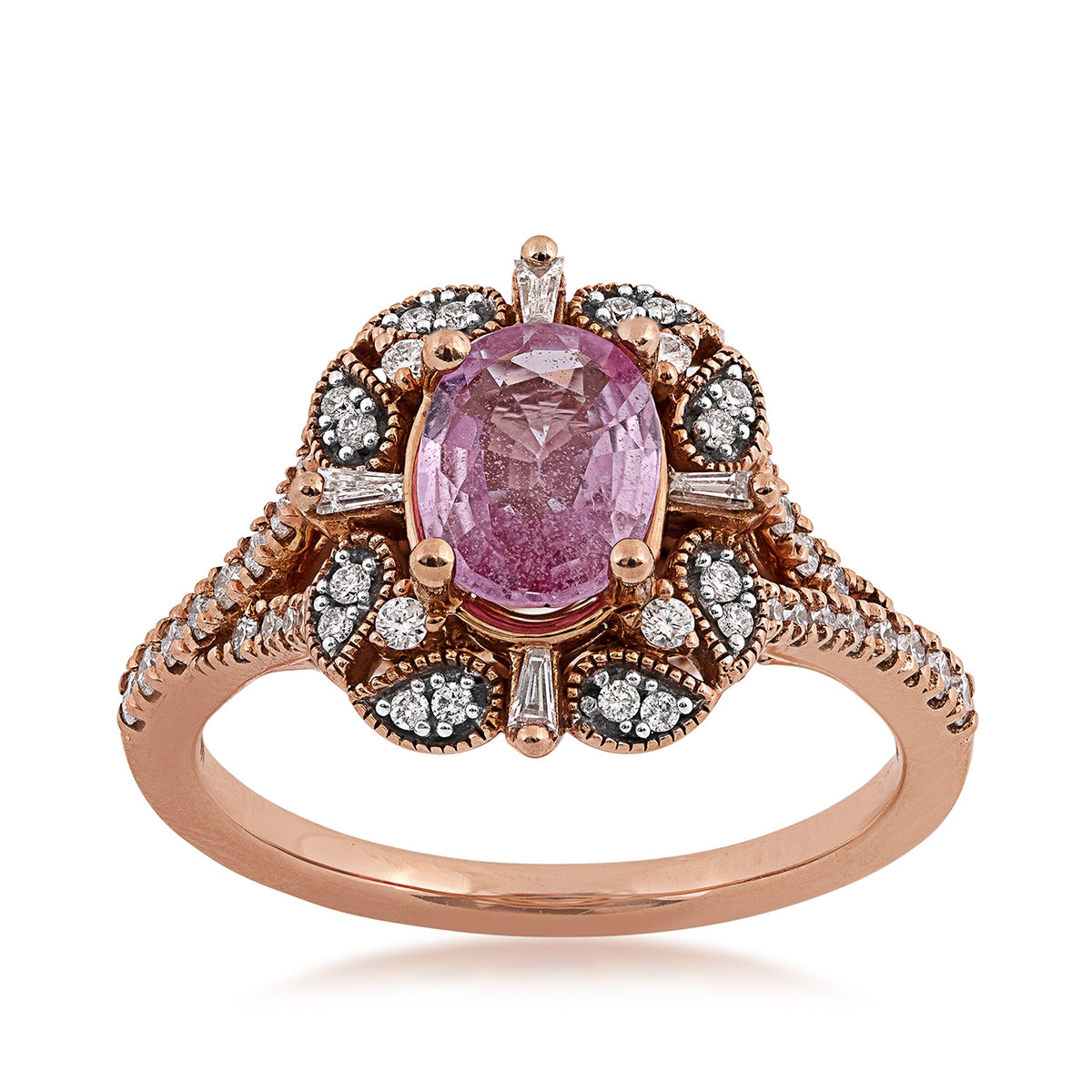 Oval Pink Sapphire & 3/8 ct. tw. Diamond Milgrain Split Shank Ring in 14K Pink Gold