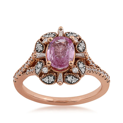 Oval Pink Sapphire & 3/8 ct. tw. Diamond Milgrain Split Shank Ring in 14K Pink Gold