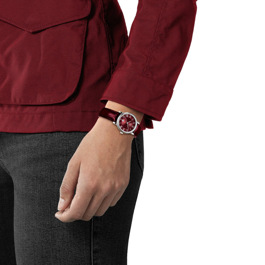 Tissot Ladies' Carson Stainless Steel Watch with Red Dial & Red Leather Strap front view