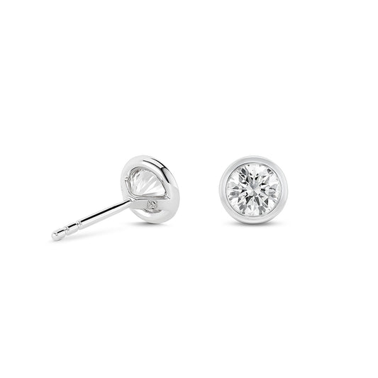 Lightbox 1 ct. tw. Lab-Grown Round Diamond Solitaire Bezel Set Earrings in 14K White Gold close-up detail