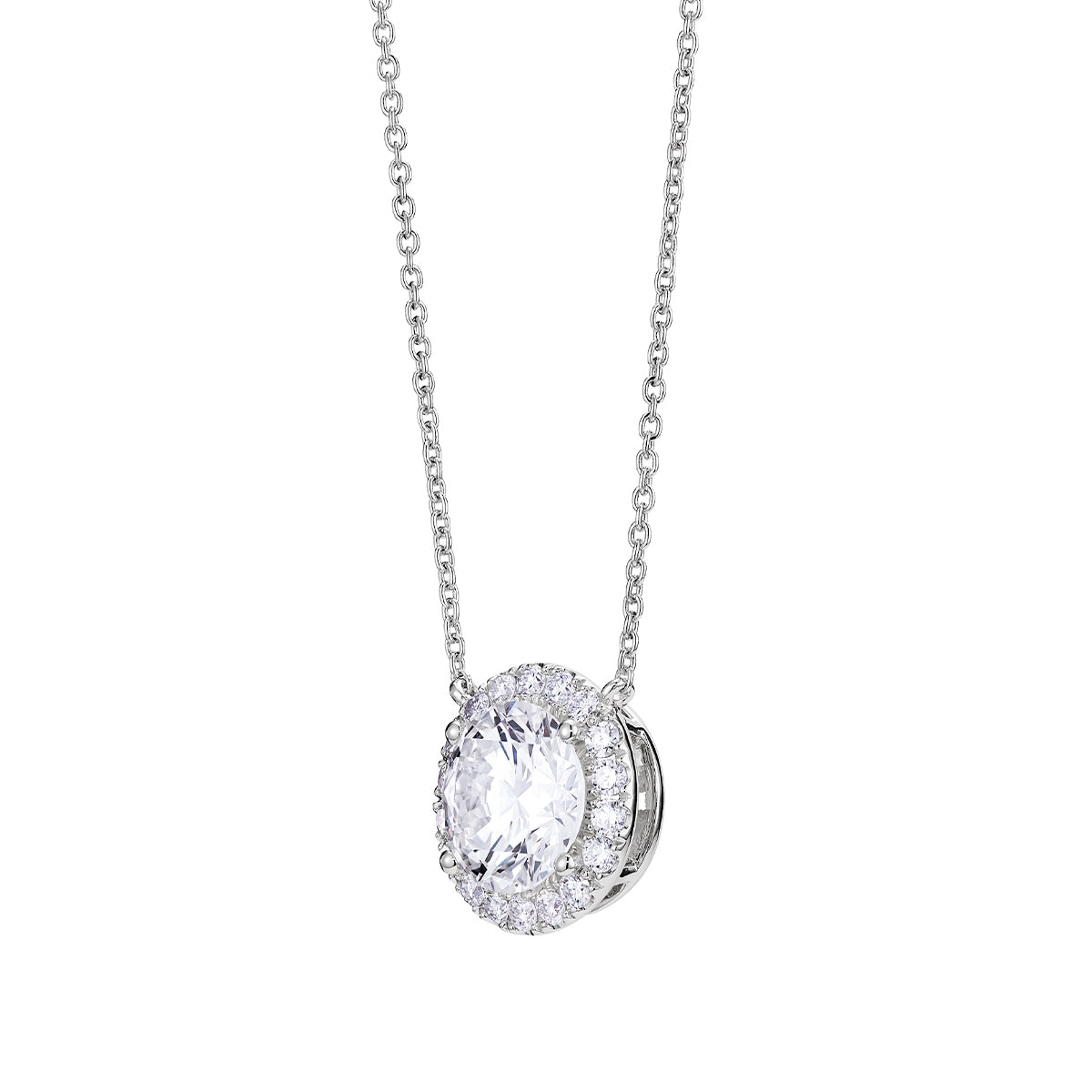 Lightbox 2 ct. tw. Lab-Grown Round Diamond Halo Necklace in 14K White Gold front view