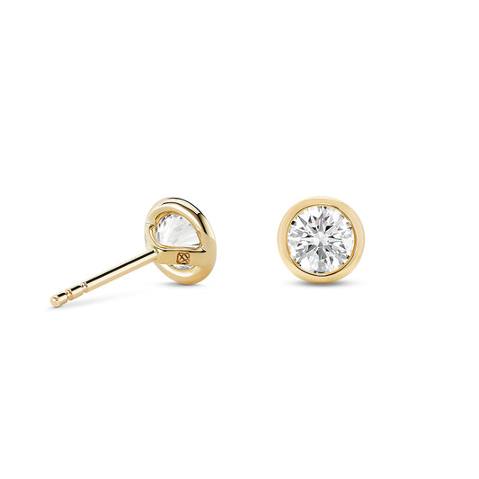 Lightbox 1 ct. tw. Lab-Grown Round Diamond Solitaire Bezel Set Earrings in 14K Yellow Gold close-up detail