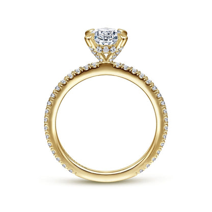 Gabriel & Co. 3/8 ct. tw. Diamond Hidden Halo Oval Semi-Mount Engagement Ring in 14K Yellow Gold close-up detail