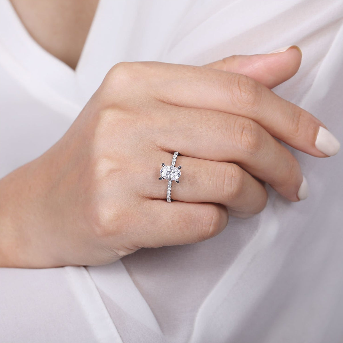 Gabriel & Co. 3/8 ct. tw. Diamond Hidden Halo Oval Semi-Mount Engagement Ring in 14K White Gold full view