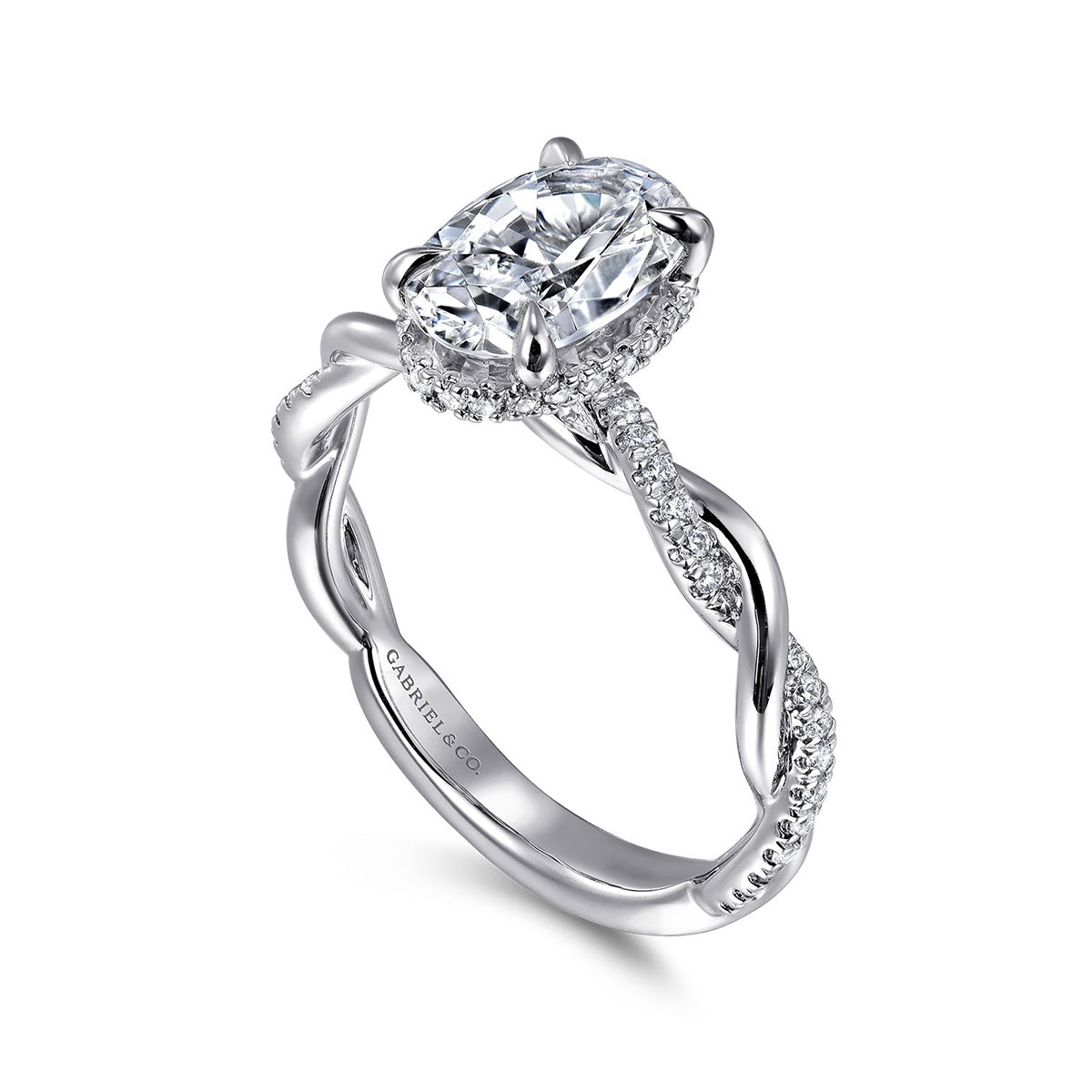 Gabriel & Co. 1/4 ct. tw. Diamond Halo Twist Oval Semi-Mount Engagement Ring in 14K White Gold front view