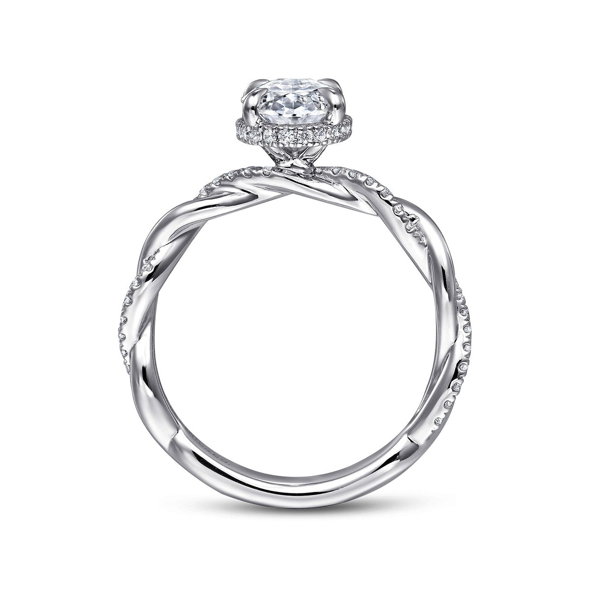 Gabriel & Co. 1/4 ct. tw. Diamond Halo Twist Oval Semi-Mount Engagement Ring in 14K White Gold close-up detail