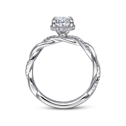 Gabriel & Co. 1/4 ct. tw. Diamond Halo Twist Oval Semi-Mount Engagement Ring in 14K White Gold close-up detail