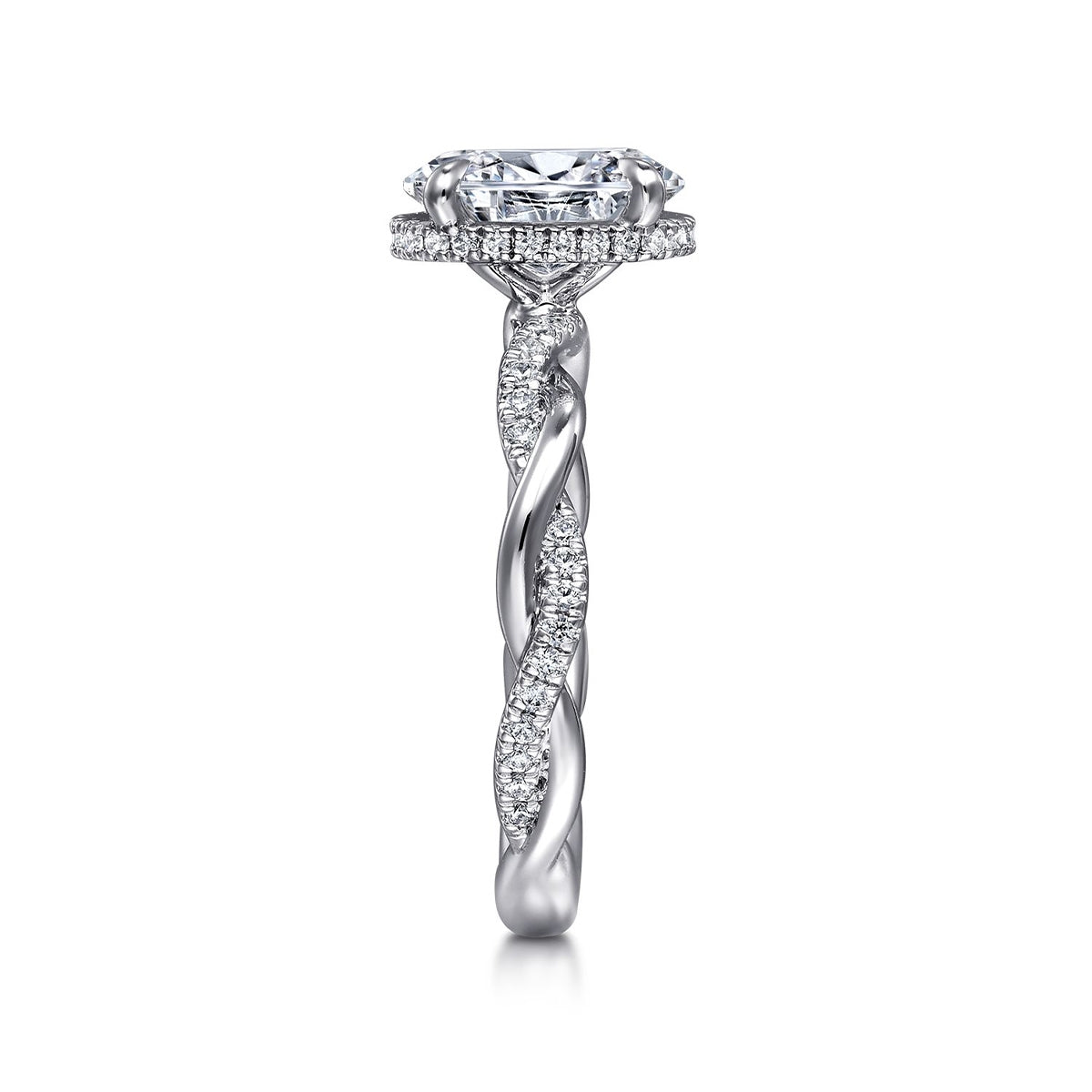 Gabriel & Co. 1/4 ct. tw. Diamond Halo Twist Oval Semi-Mount Engagement Ring in 14K White Gold side profile