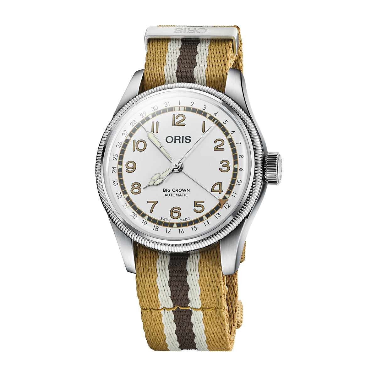 Oris Robert Clemente Limited Edition Men's Automatic Stainless Steel Watch with White Dial & Brown Leather Strap front view