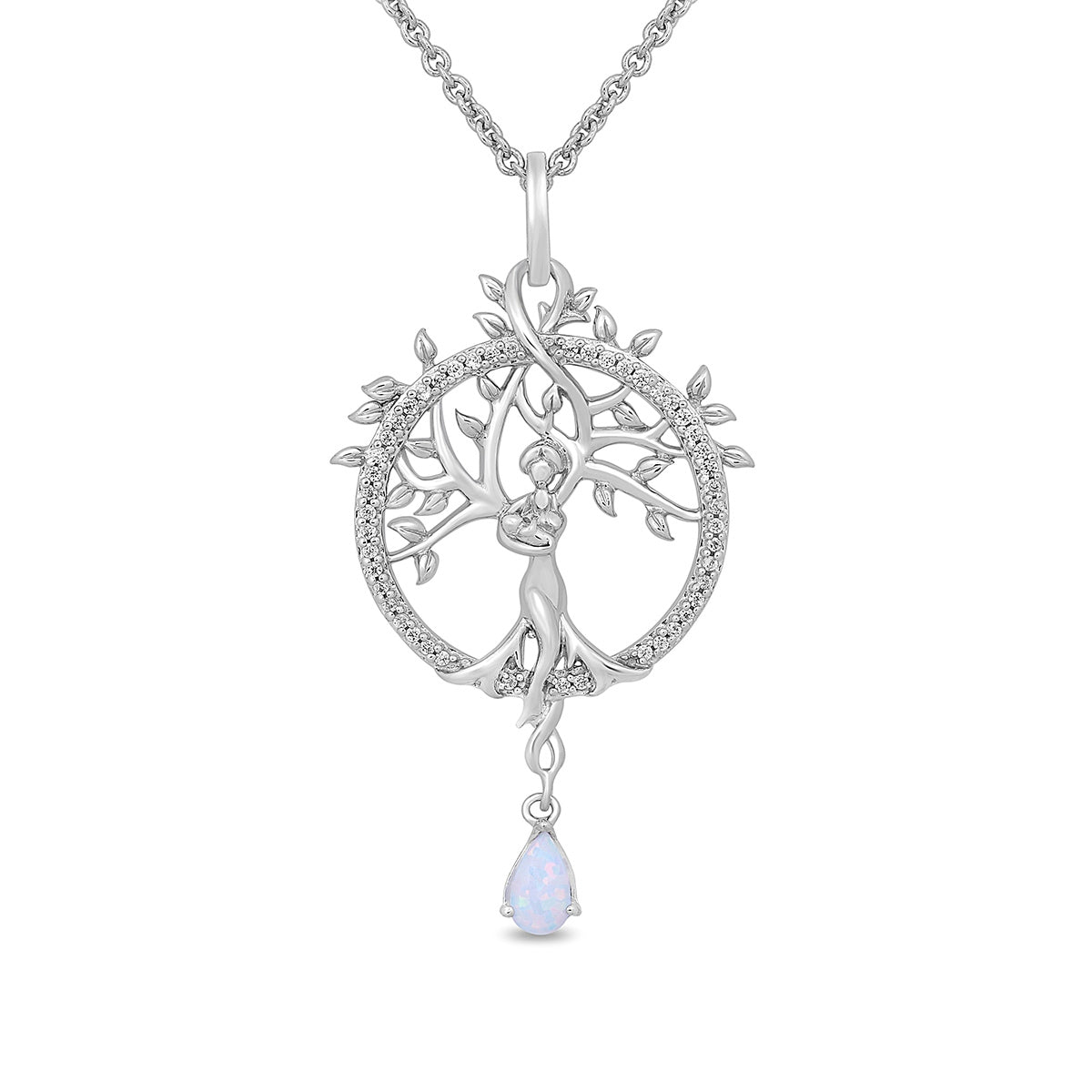 Hallmark Created Pear Opal & 1/10 ct. tw. Diamond Tree of Life Circle Pendant in Sterling Silver