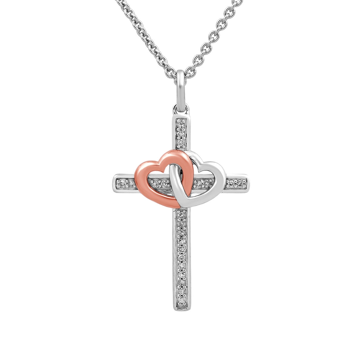 Hallmark Diamond Accent Cross & Double Heart Pendant in Sterling Silver & 10K Pink Gold