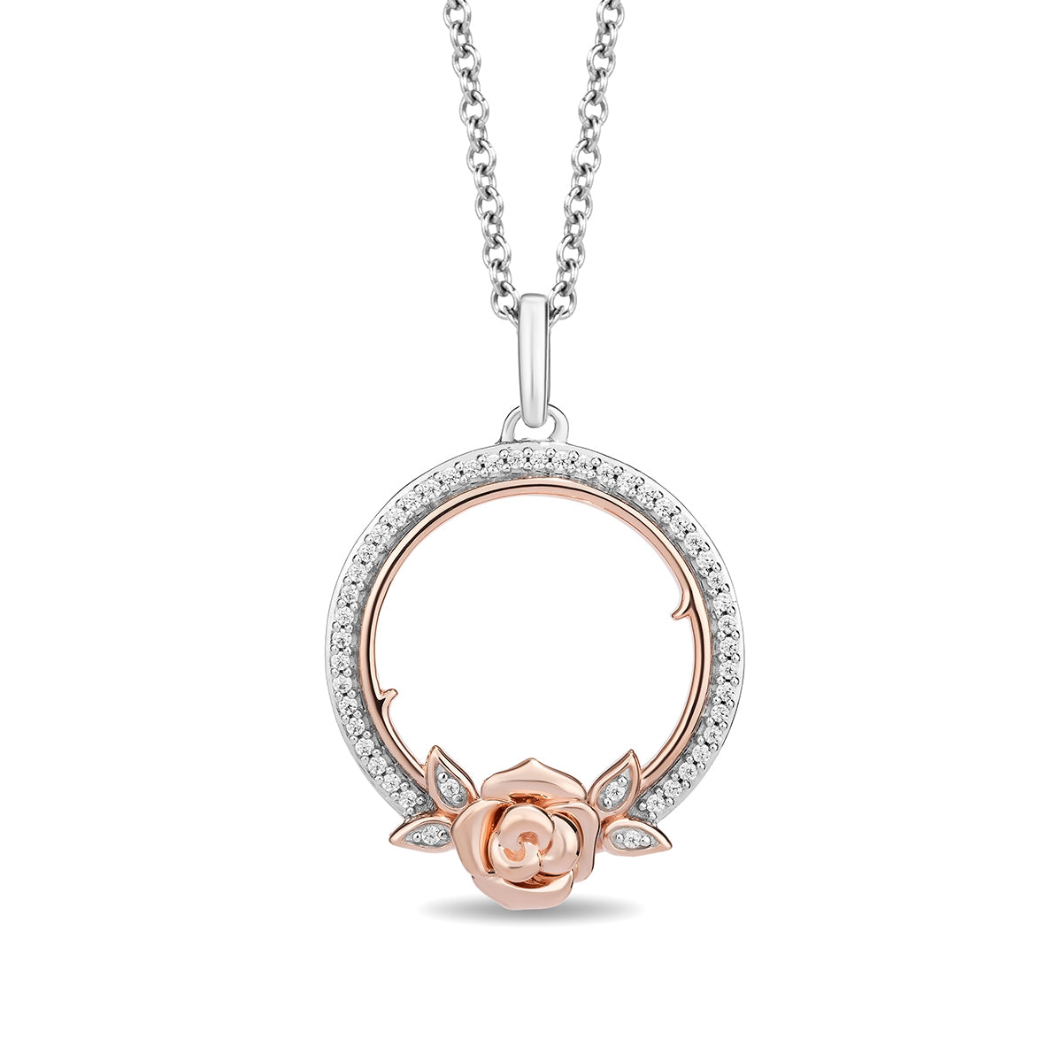 Enchanted Disney Belle 1/8 ct. tw. Diamond Rose Circle Pendant in Sterling Silver & 10K Pink Gold