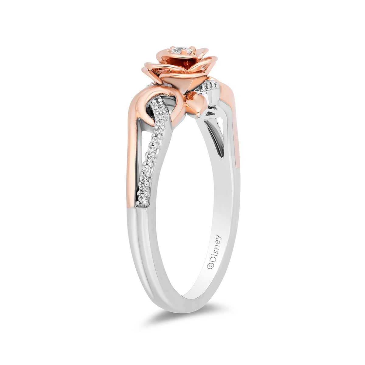 Enchanted Disney Belle 1/10 ct. tw. Diamond Rose Ring in Sterling Silver & 10K Pink Gold close-up detail