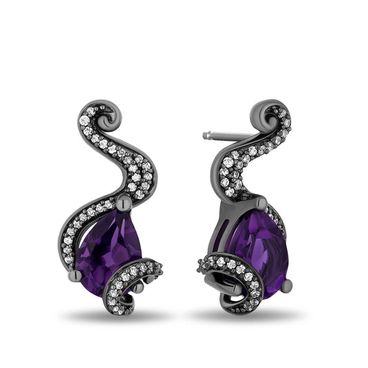 Enchanted Disney Ursula Amethyst & 1/10 ct. tw. Diamond Tentacle Earrings in Black Rhodium Plated Sterling Silver front view