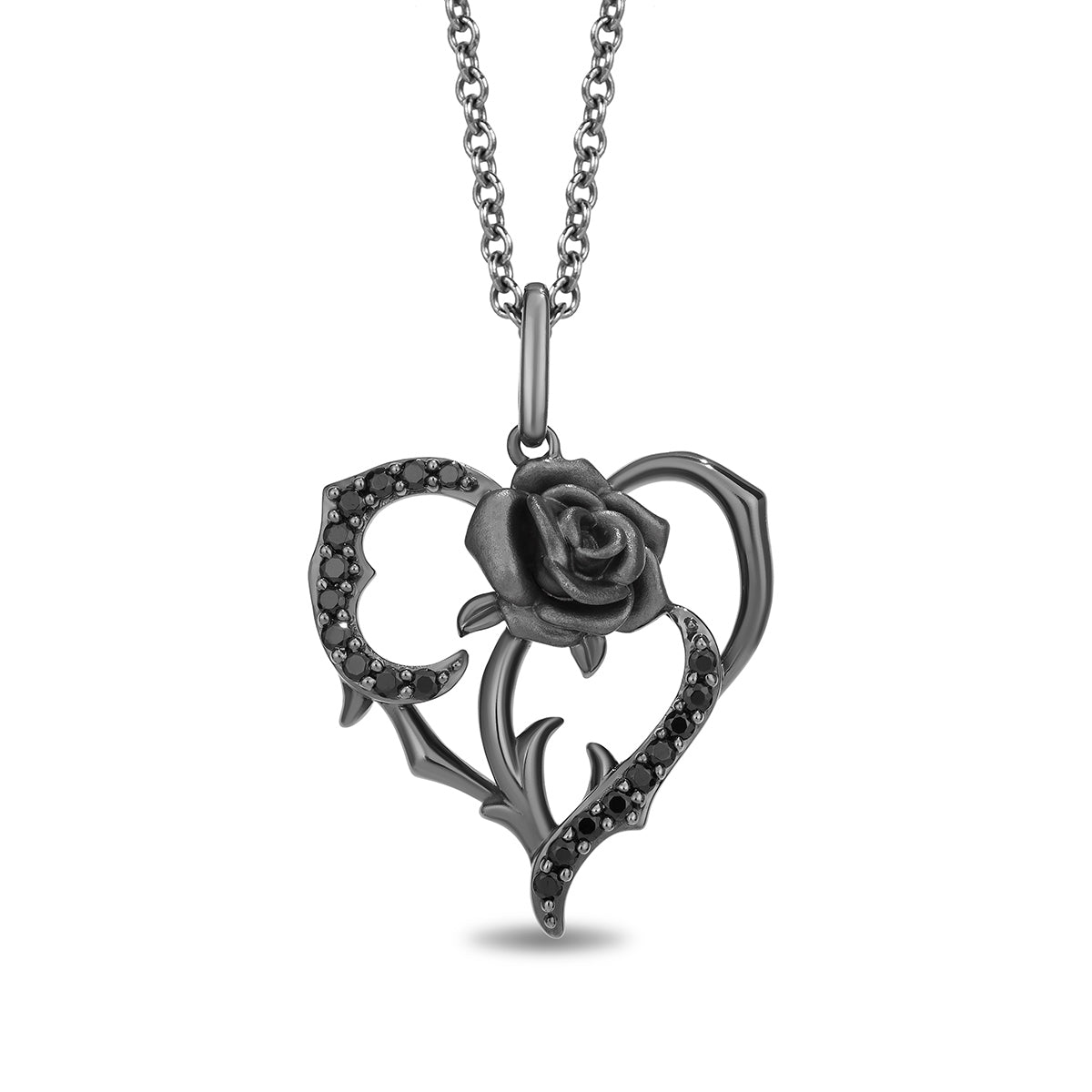 Enchanted Disney Maleficent 1/6 ct. tw. Treated Black Diamond Thorned Rose Heart Pendant in Black Rhodium Plated Sterling