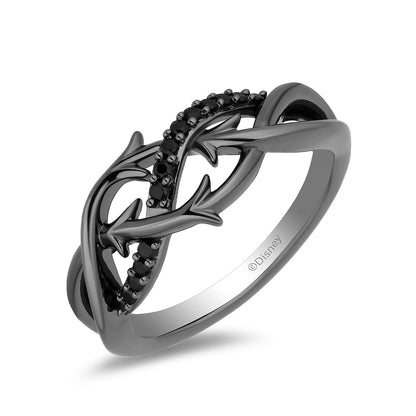 Enchanted Disney Maleficent 1/8 ct. tw. Treated Black Diamond Woven Thorn Ring in Black Rhodium Plated Sterling front view