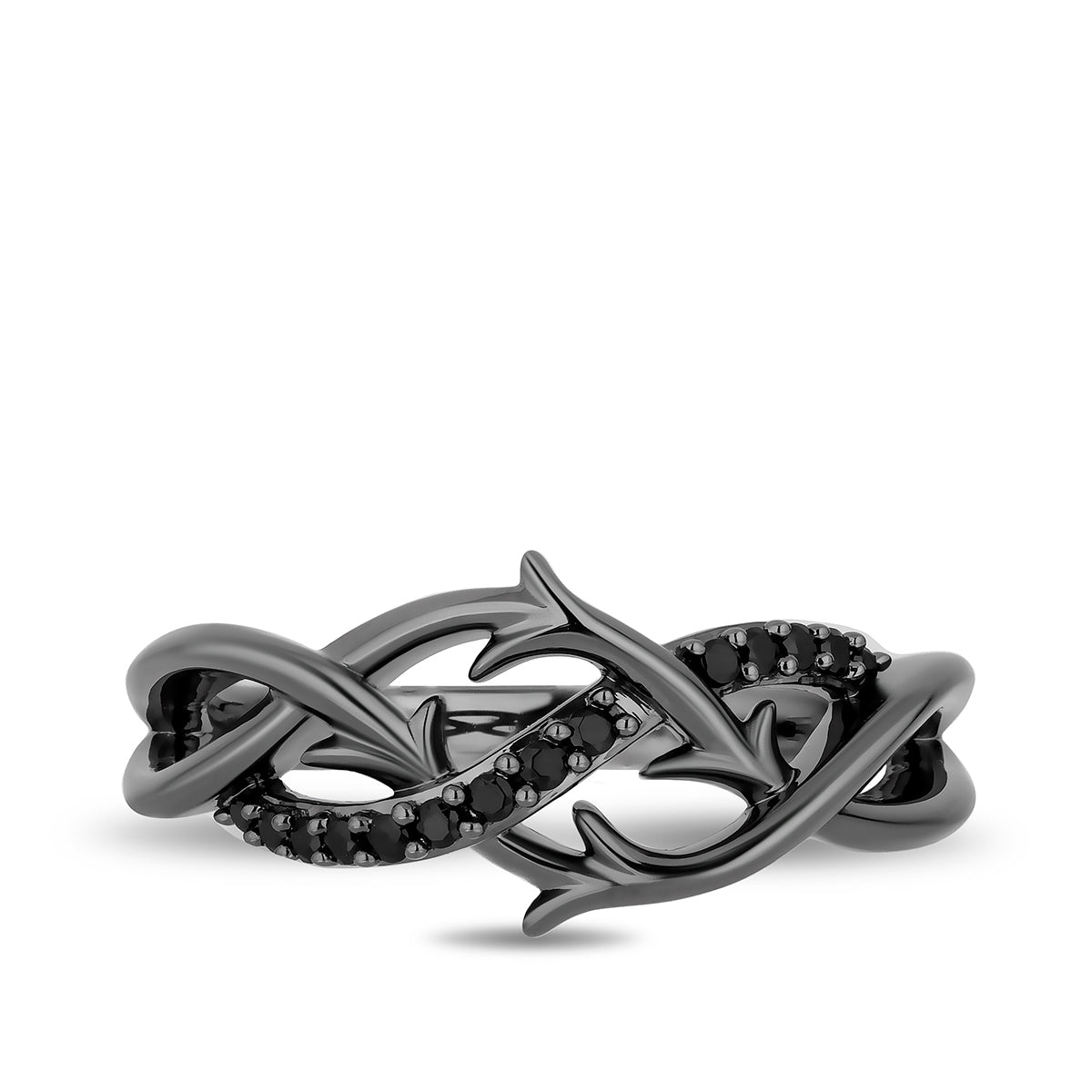 Enchanted Disney Maleficent 1/8 ct. tw. Treated Black Diamond Woven Thorn Ring in Black Rhodium Plated Sterling full view
