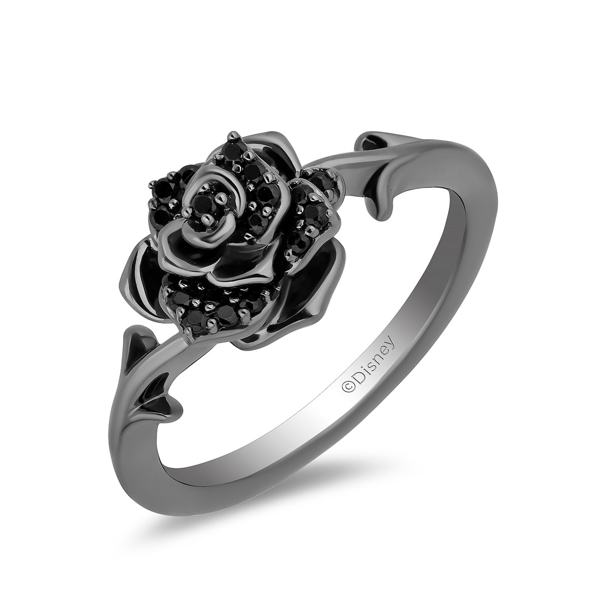 Enchanted Disney Maleficent 1/8 ct. tw. Treated Black Diamond Thorned Rose Ring in Black Rhodium Plated Sterling front view