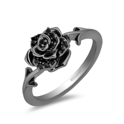 Enchanted Disney Maleficent 1/8 ct. tw. Treated Black Diamond Thorned Rose Ring in Black Rhodium Plated Sterling front view
