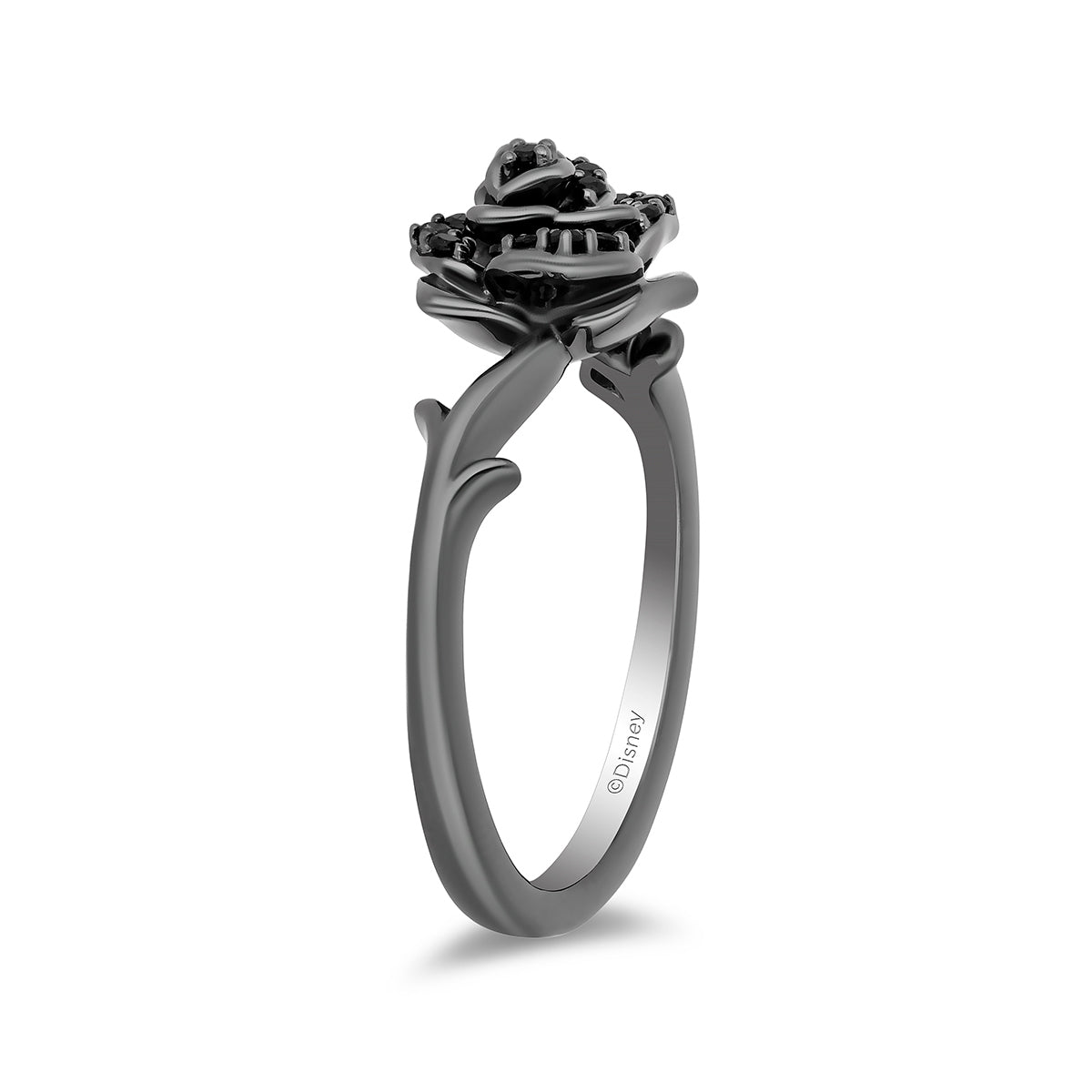 Enchanted Disney Maleficent 1/8 ct. tw. Treated Black Diamond Thorned Rose Ring in Black Rhodium Plated close-up detail